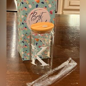 Personalized Glass Drink Bottle with straw and straw cleaner letter “K”